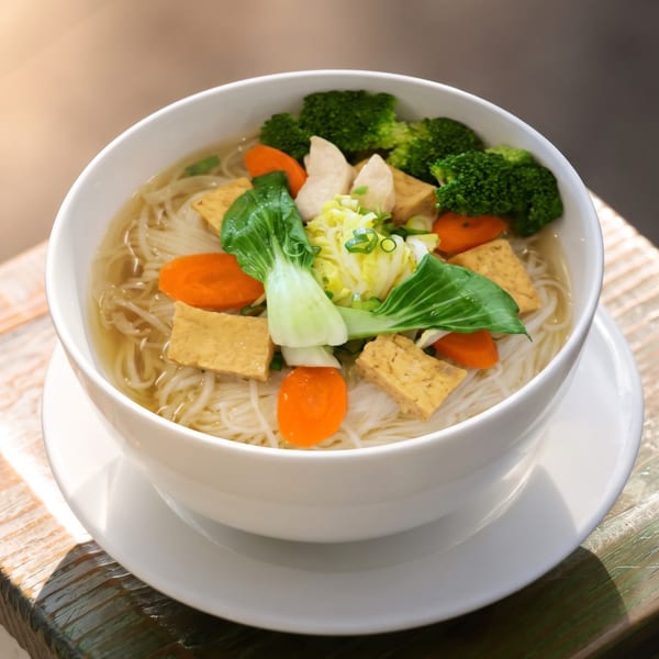 Bowl of clear noodle soup topped with tofu, broccoli, carrots, bok choy, cabbage, and green onions.