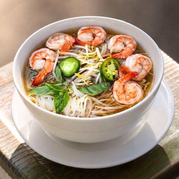 Bowl of shrimp noodle soup topped with bean sprouts, jalapeño, lime, and fresh herbs on a wooden table.