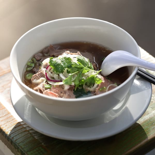 Bowl of dark broth with sliced beef, onions, scallions, and fresh cilantro, served with a ceramic spoon on a wooden table.