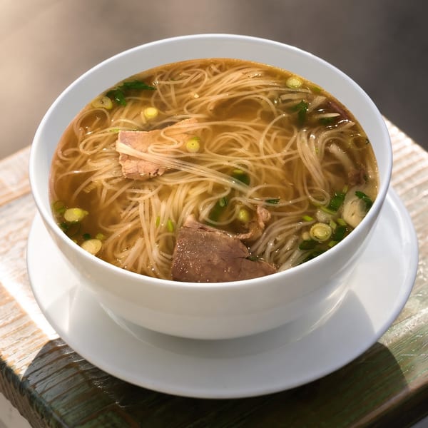 Bowl of clear noodle soup with sliced meat, scallions, and herbs on a white saucer atop a wooden table.