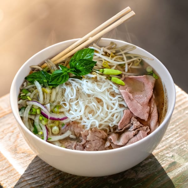 Vietnamese pho with rice noodles, sliced beef, bean sprouts, basil, onions, and chilies in a steaming bowl with chopsticks.