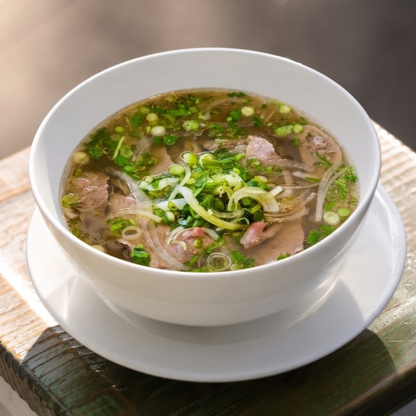 Bowl of Vietnamese beef noodle soup topped with sliced beef, scallions, cilantro, and onions on a white plate.